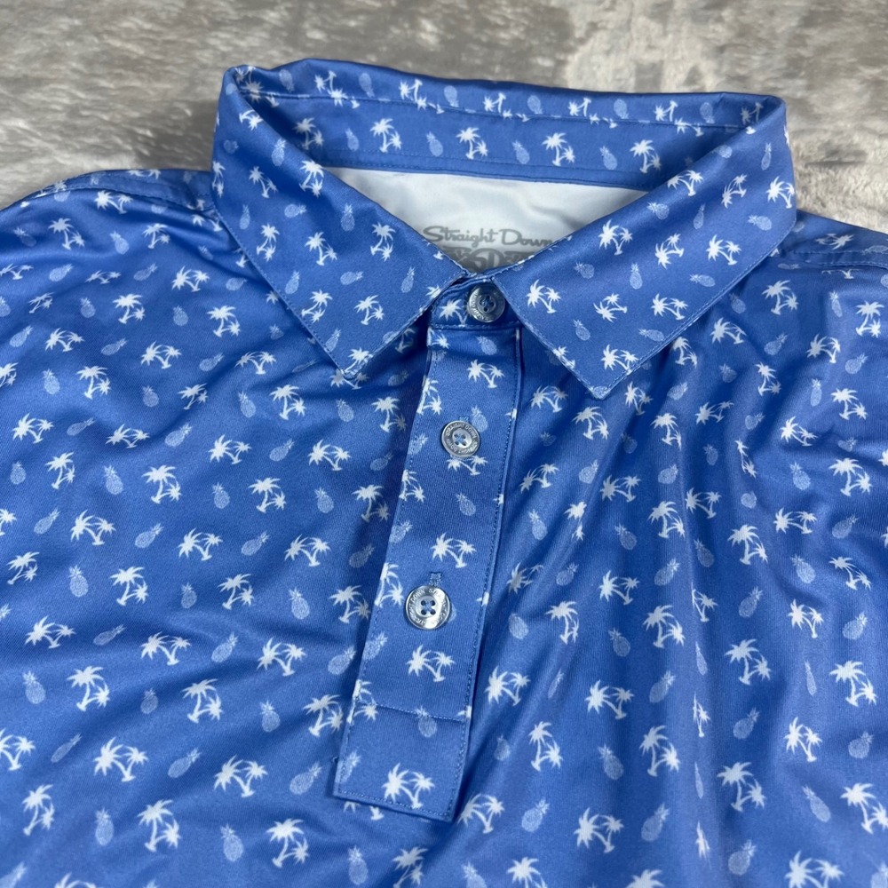 Straight Down Men's XXL Polo Shirt Blue Tropical Palm Tree Pineapple Performance